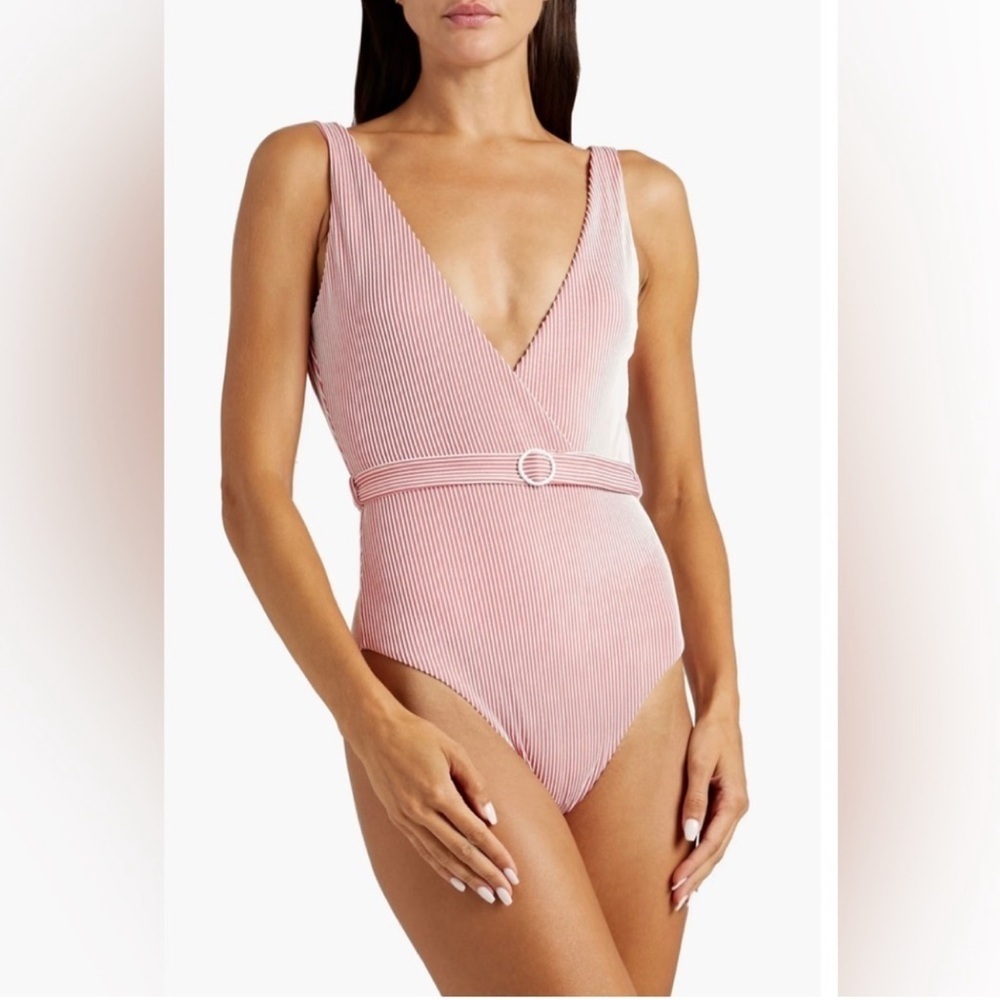NWT Onia Michelle One Piece Swimsuit Striped Rib Spiced Coral White Red Large